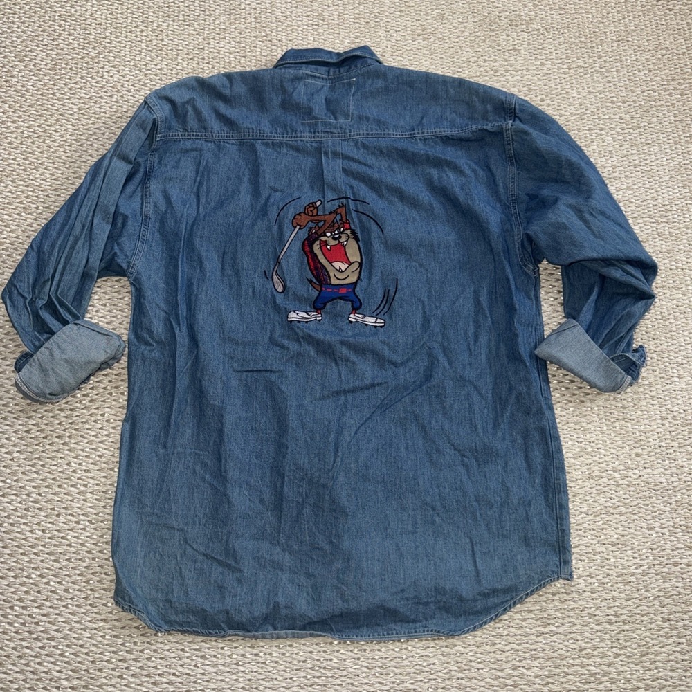 Top INC Lonney Tunes Vintage Denim Jean Button Up Golf Shirt. Taz 90's Y2K